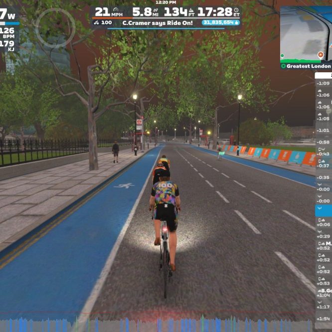 A cyclist rides on a virtual road in Zwift's Greatest London Flat course. The screen displays cycling statistics, including power output, speed, and heart rate. Nearby cyclists are listed on the right, and the environment features trees and a nighttime city setting.