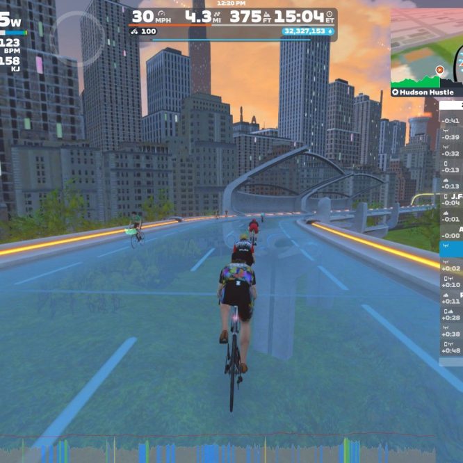 A virtual cycling scene in Zwift featuring several cyclists riding on a futuristic, elevated track with city skyscrapers in the background. The interface shows power output, speed, distance, and heart rate metrics, along with a map displaying nearby cyclists. The setting has a sunset backdrop, creating a vibrant atmosphere.