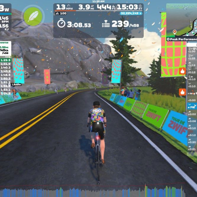 A cyclist rides along a virtual road in Zwift, displaying performance metrics such as wattage, speed, and distance. In the background, colorful banners with "TOUR DE ZWIFT" are visible, alongside a leaderboard showing race results. The scene includes a mountainous landscape and other cyclists in the distance.