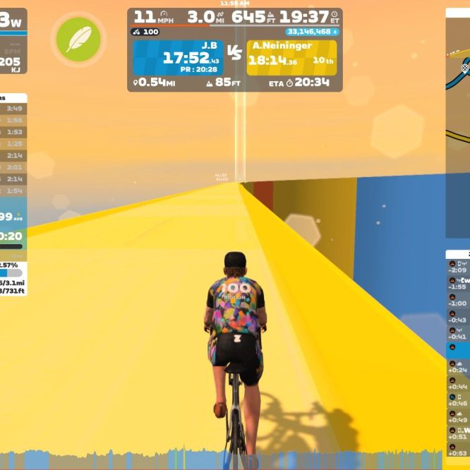 A cyclist rides on a brightly colored digital course in Zwift, showcasing performance metrics such as power, speed, and elevation. The cyclist is wearing a patterned jersey and is approaching a steep incline, with various statistics displayed on the screen, including overall progress and nearby participants. The background is a gradient of pastel colors, enhancing the virtual cycling experience.