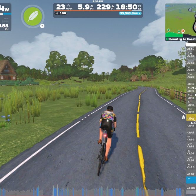 A cyclist rides on a virtual road in Zwift, with a scenic background featuring grassy fields and trees. The cyclist's stats display power output, speed, and distance traveled. The left side shows a real-time leaderboard of other users nearby.