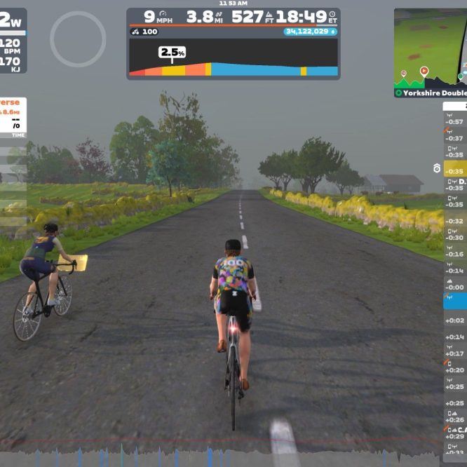 A virtual cycling scene in Zwift, showing two cyclists on a road through a landscape with green fields. The display provides information on speed, power output, heart rate, and current standings in a live event. The background shows trees and a gray sky.