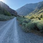 A gravel road winds through a lush valley, surrounded by rocky hills and mountains under a clear blue sky in Paradise, Utah. Sagebrush and greenery line the sides of the path.